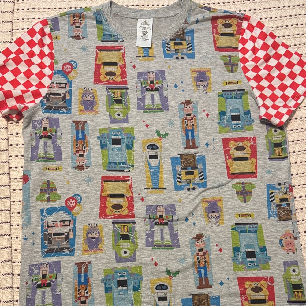 Disney Gray Tee with Red Check Short Sleeves and Toy Story Multi-Character Print